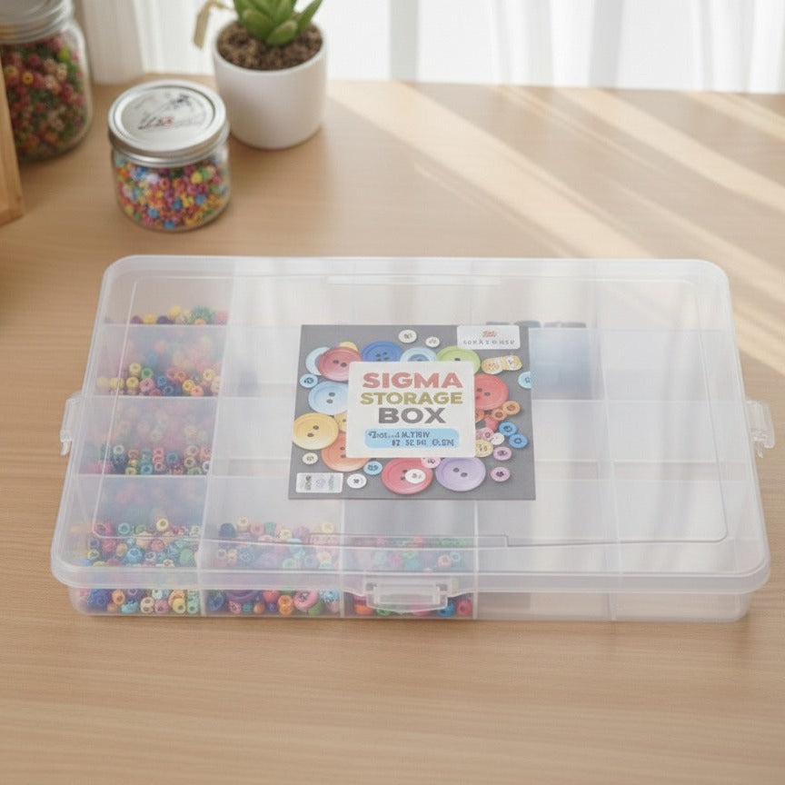 Clear storage box with colorful items on a wooden surface