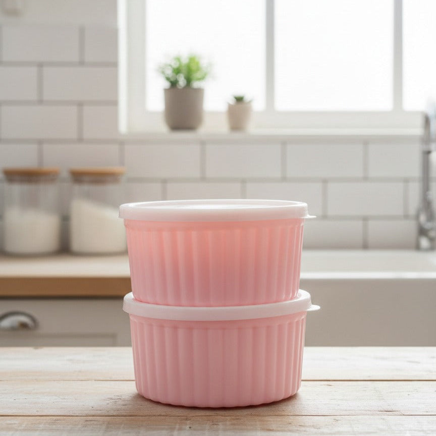Two pink ceramic bowls stacked on a kitchen counter with a window in the background.