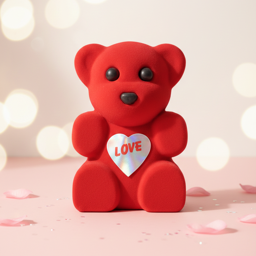 Red teddy bear with a heart that says 'LOVE' on a soft pink background with blurred lights.