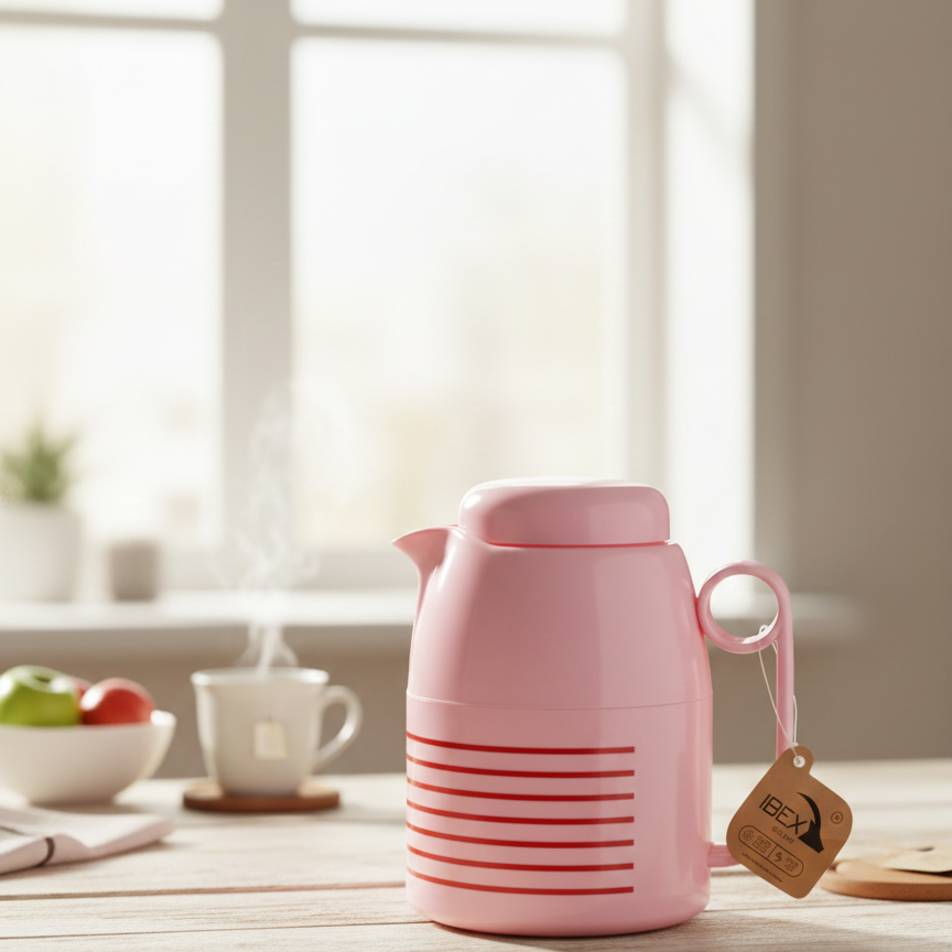 Pink thermos with a tag on a wooden surface with a blurred background