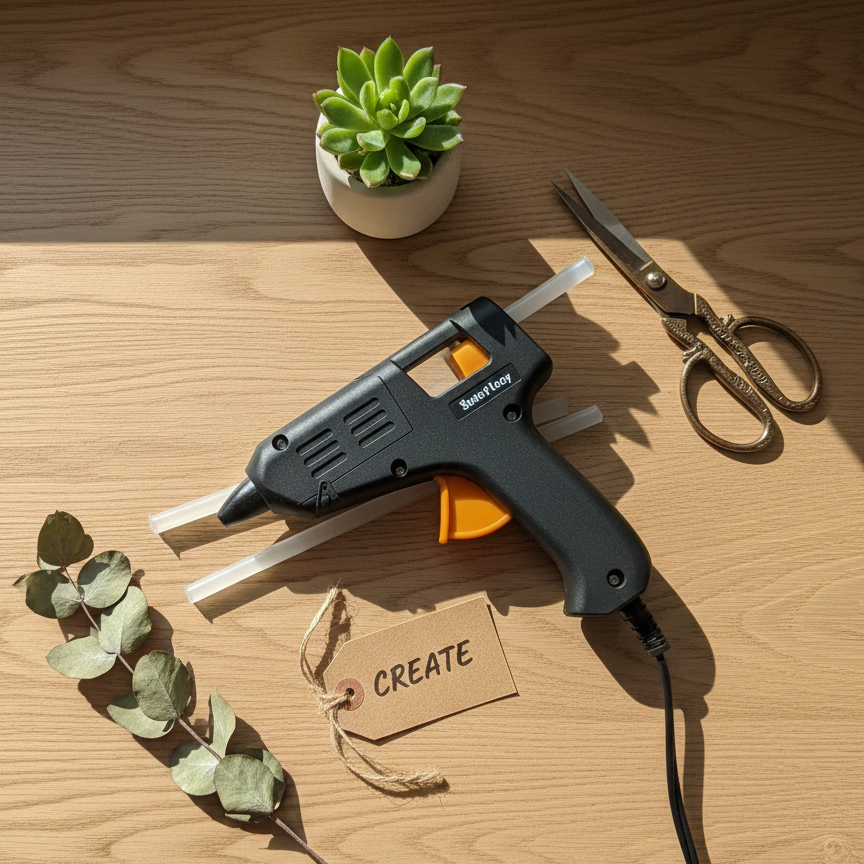 Hot glue gun on a wooden surface with scissors, plant, and 'CREATE' tag.