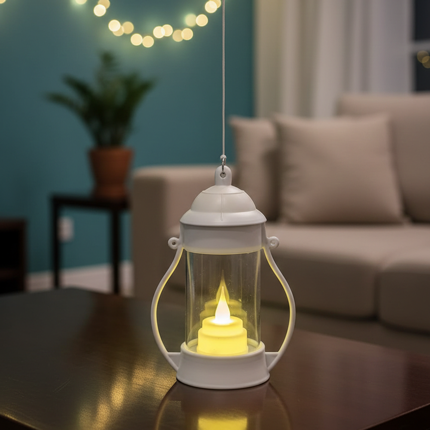 Decorative lantern with a candle on a table in a cozy living room setting.