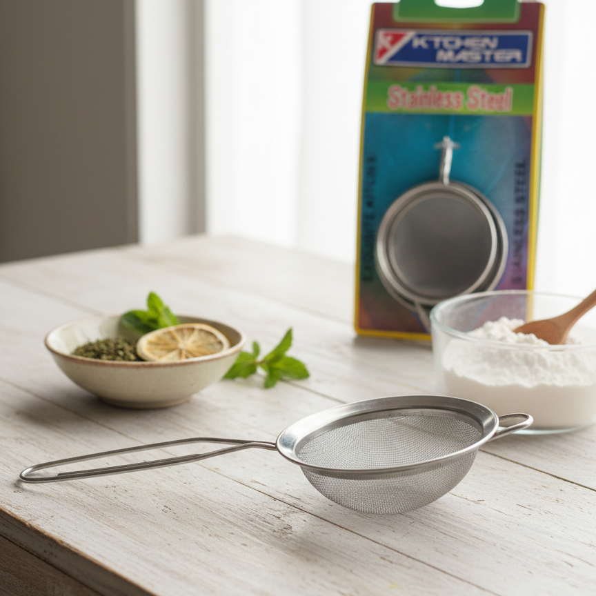 Metal strainer on a kitchen counter with a box labeled 'Kitchen Master' in the background.